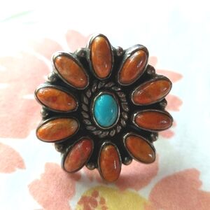 Turquoise and Spiney Oyster Floral Ring Sz 7